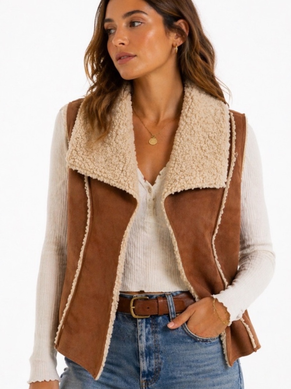Old Navy Brown Suede-Look Shearling Vest